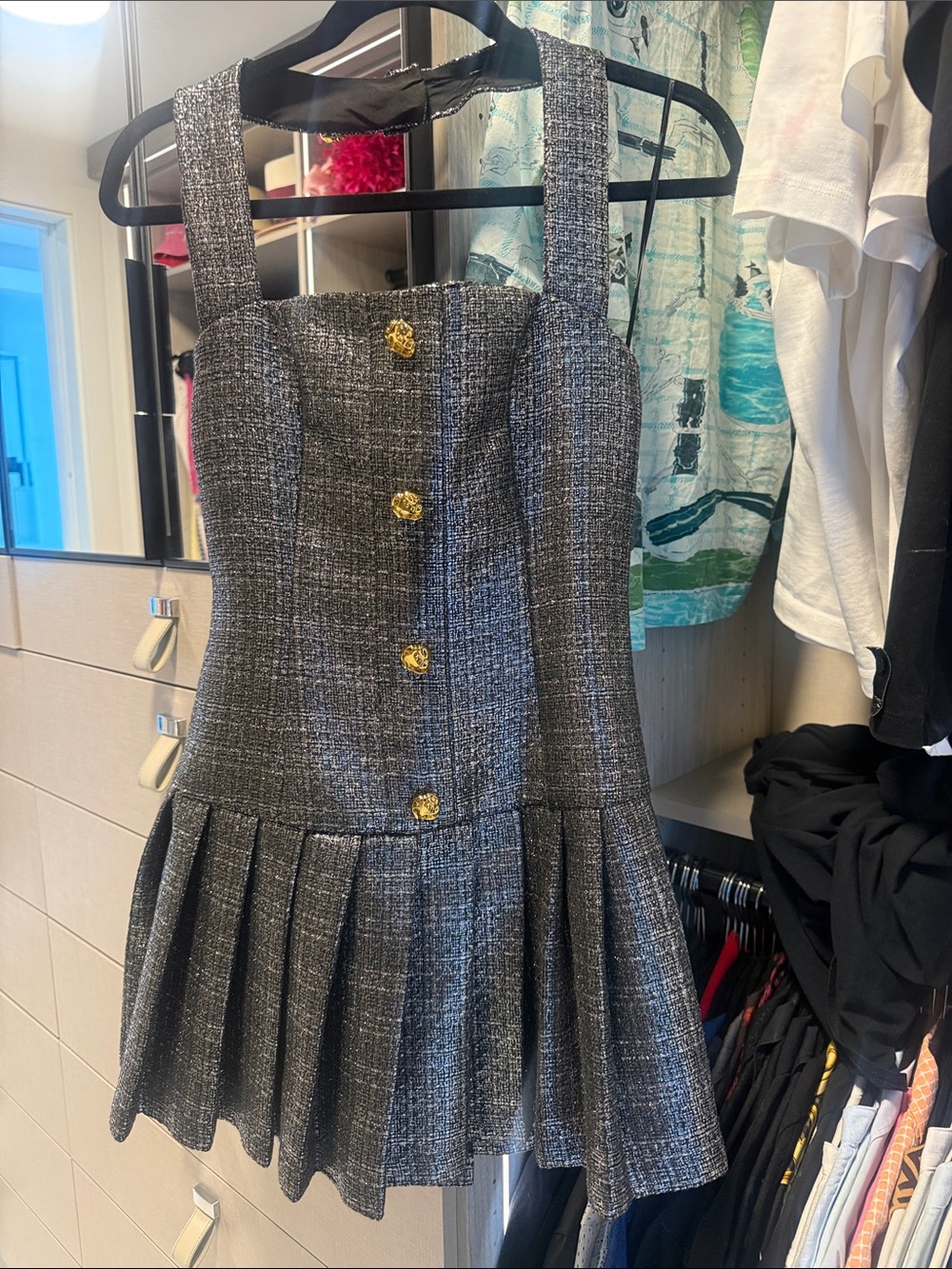 Heiress Gray Tweed Mini Dress with Gold Buttons
